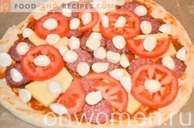 Pizza met salami en mozzarella op gistdeeg