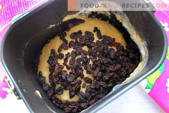 Echte gistcake met rozijnen in een broodbakmachine volgens het recept van onze grootmoeders