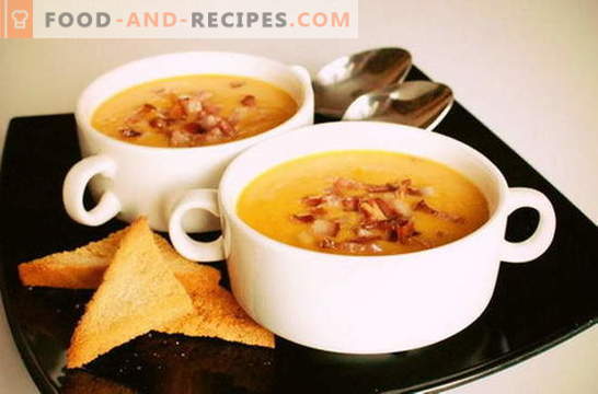 Erwtenpuree soep - bekend van jongs af aan. Eenvoudige en originele recepten van puree van erwtensoep: met spek, borst, parmezaanse kaas