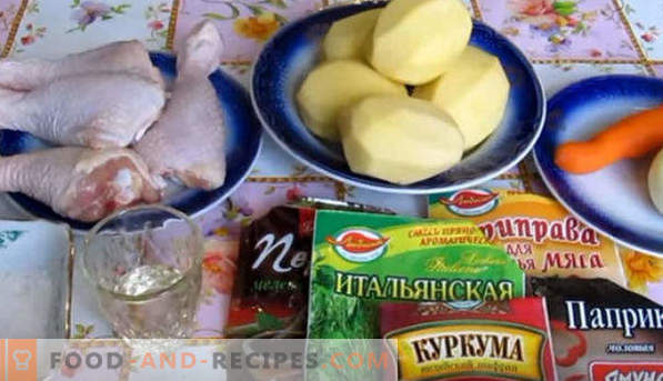 Kippenpoten, gebakken met aardappelen in de oven, onder een knapperige korst, in een hoes, folie, met kaas